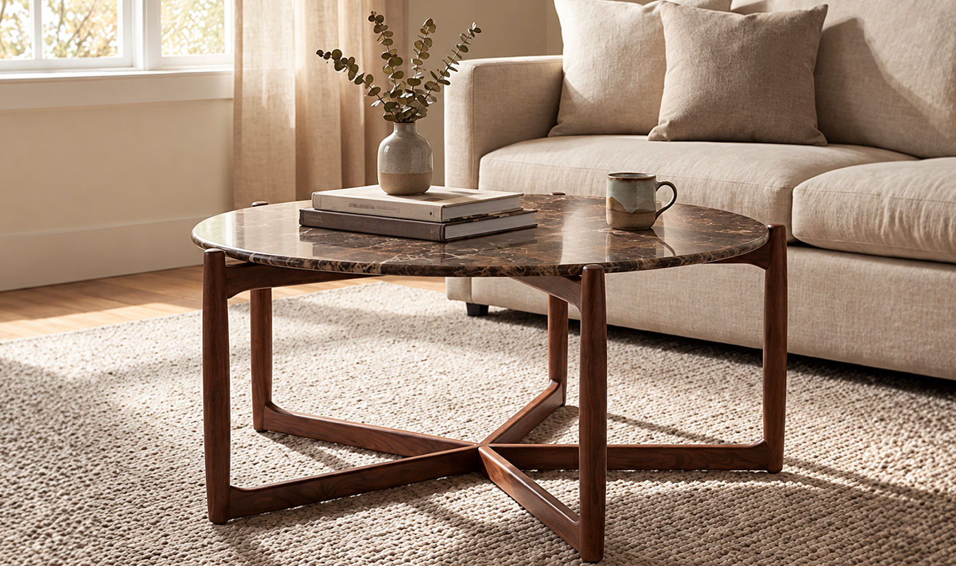 Round coffee table with marble-look top and walnut base beside a beige sofa